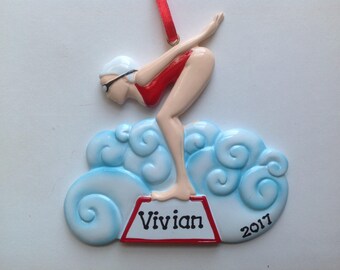 Personalized Christmas Sports Ornament Girl Swimming,Female Swimmer Coach, Family, Friends, Teacher, Co-Workers, Gift Tag