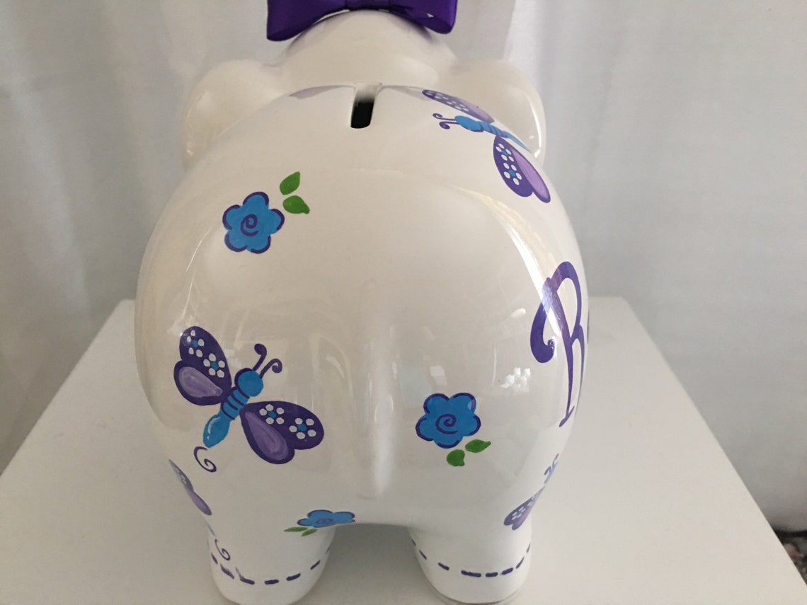 Personalized Large Elephant Piggy Bank Purple Aqua Dragonfly Etsy