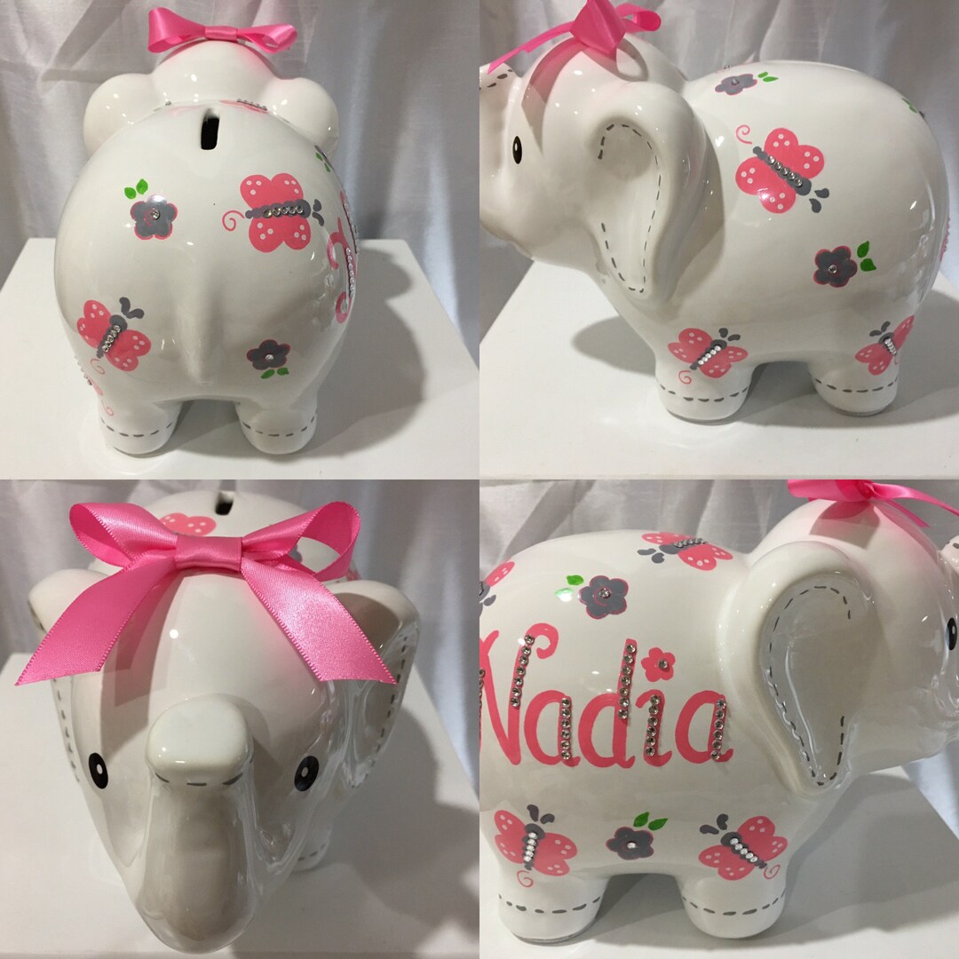 Personalized Large Elephant Piggy Bank Flowers Butterfly Grey/ Etsy