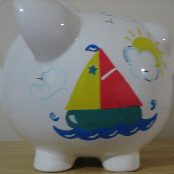 Personalized Large Piggy Bank Sailboat-Newborns , Girls , Baby Shower Gift Centerpiece