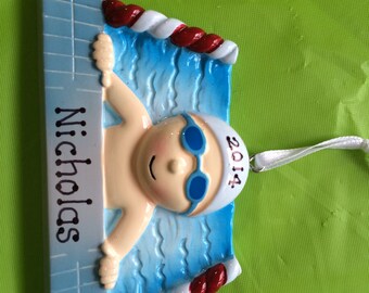 Personalized Christmas Sports Ornament Boy Swimming,Male Swimmer Coach, Family, Friends, Teacher, Co-Workers, Gift Tag