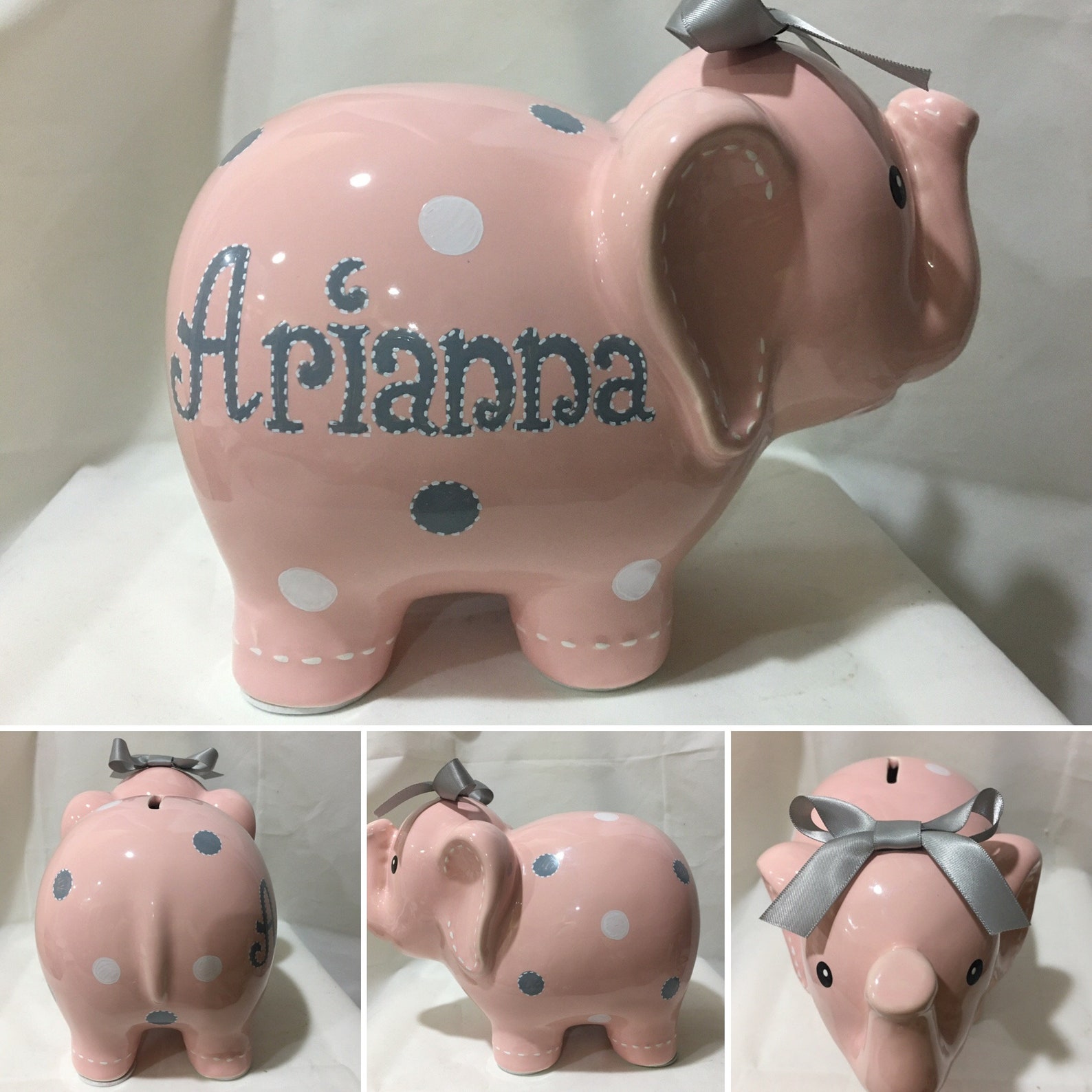 Personalized Large Elephant Piggy Bank Pink White & Gray Polka Etsy