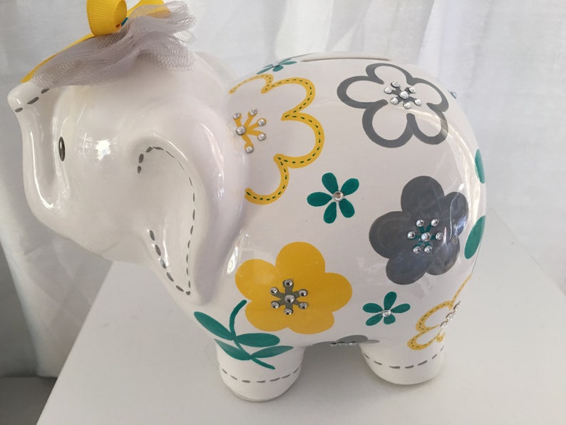 Personalized Large Elephant Piggy Bank Grey Yellow Teal Etsy