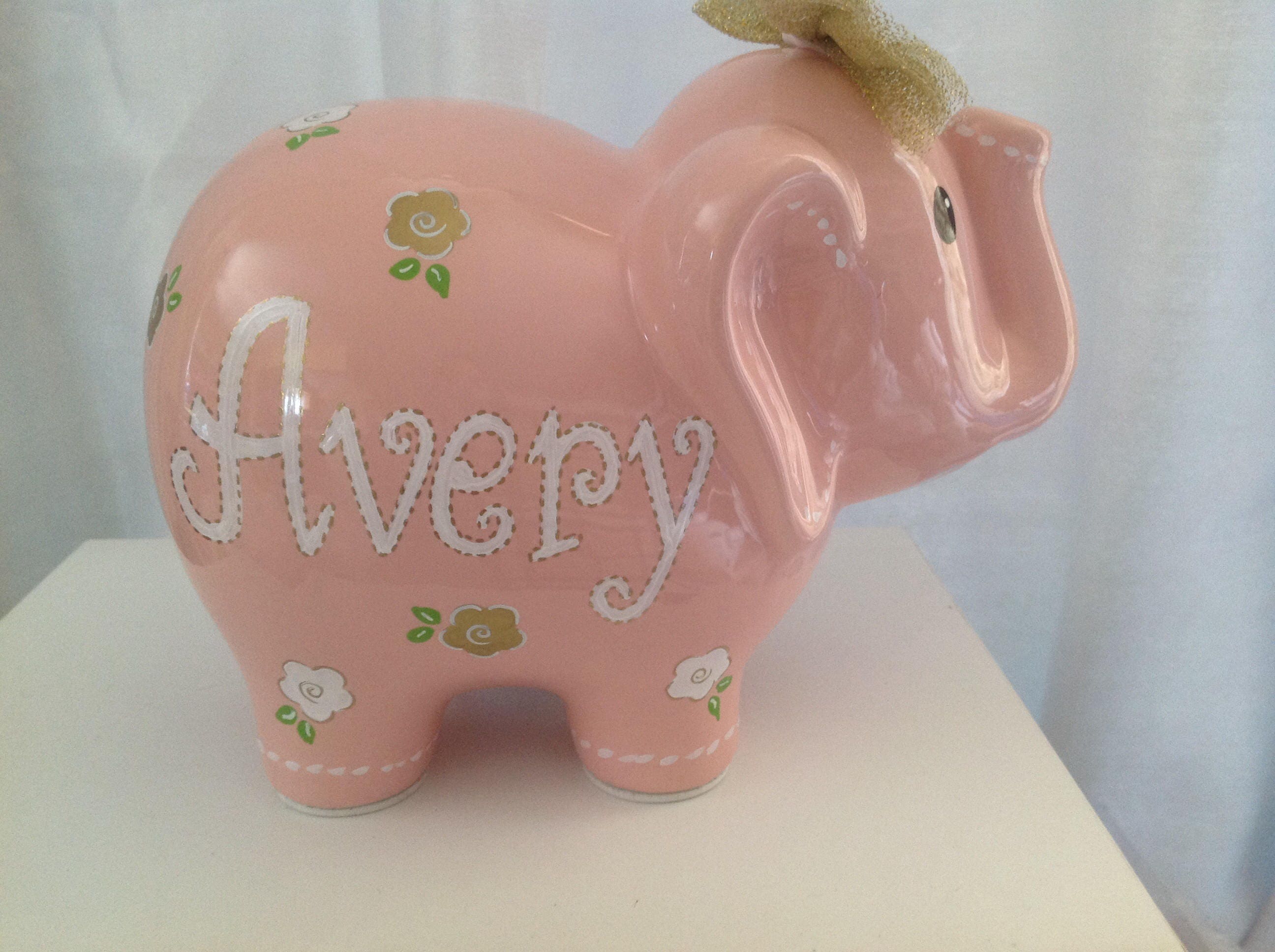 Personalized pink Large Elephant Piggy Bank Gold White Etsy
