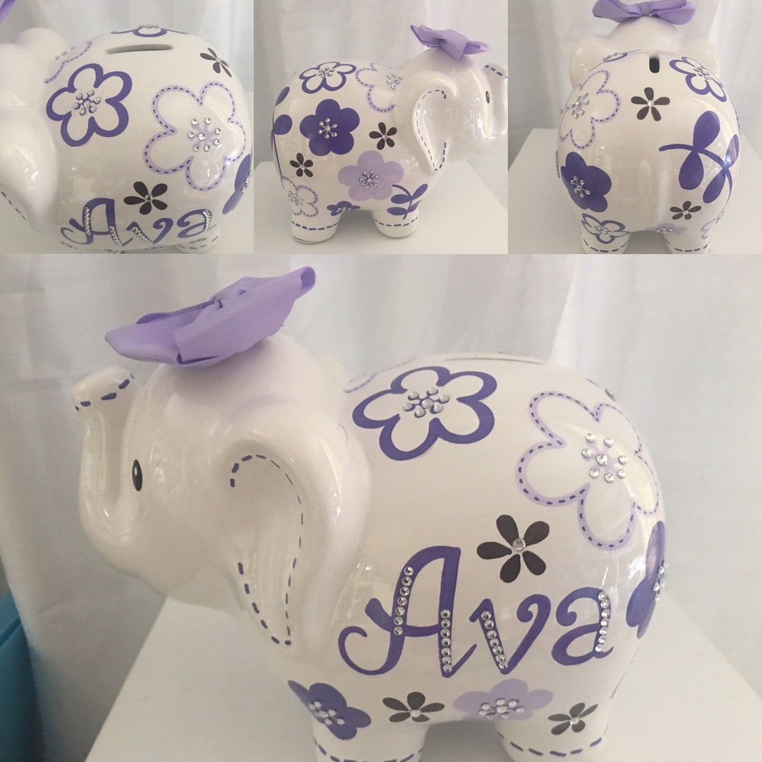 Personalized Large Elephant Piggy Bank Purple Lavender Flowers Etsy