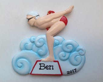 Personalized Christmas Sports Ornament Boy Swimming,Male Swimmer Coach, Family, Friends, Teacher, Co-Workers, Gift Tag