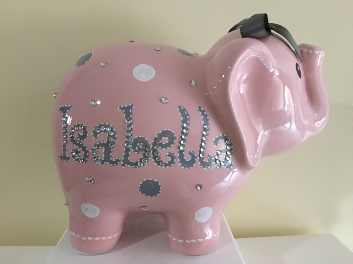 Personalized Large Elephant Piggy Bank Pink White & Gray Polka Etsy