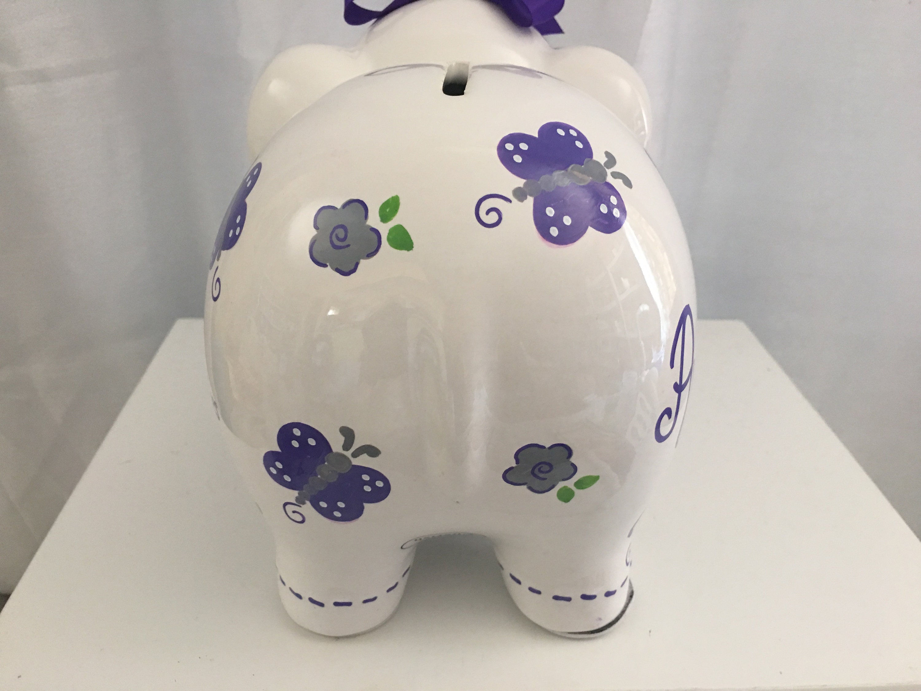 Personalized Large Elephant Piggy Bank Flower Butterfly Grey/ Etsy
