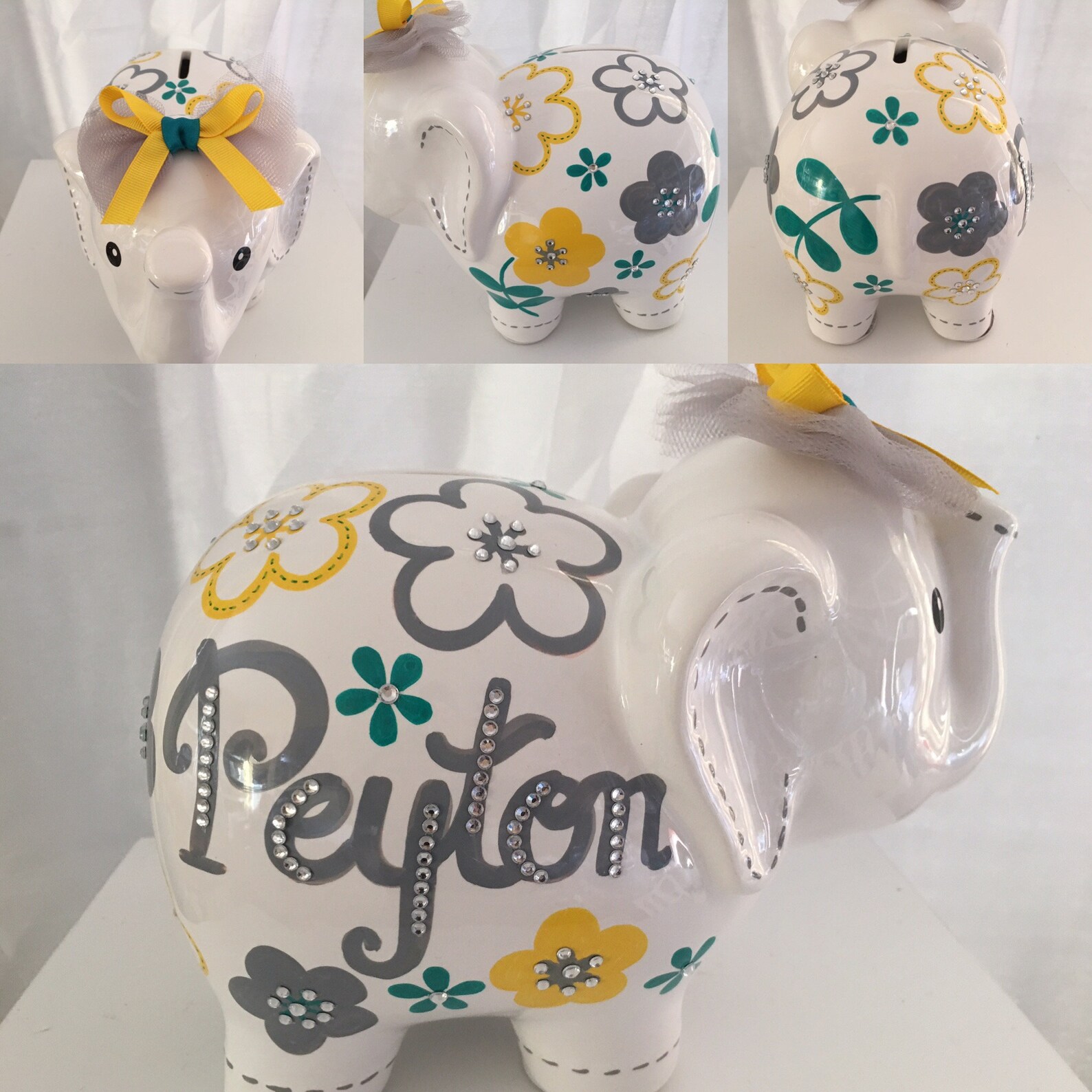 Personalized Large Elephant Piggy Bank Grey Yellow Teal Etsy