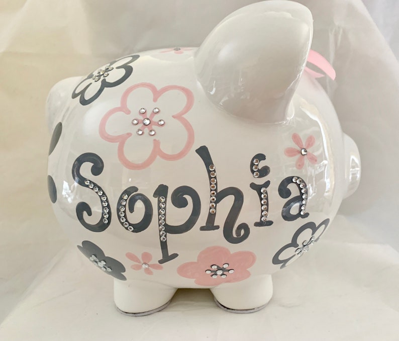 Personalized Large Pink/ Grey Flowers Piggy Bank Newborns Etsy