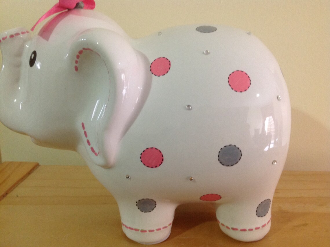 Personalized Large Elephant Piggy Bank Pink / Grey Polka Dots Etsy