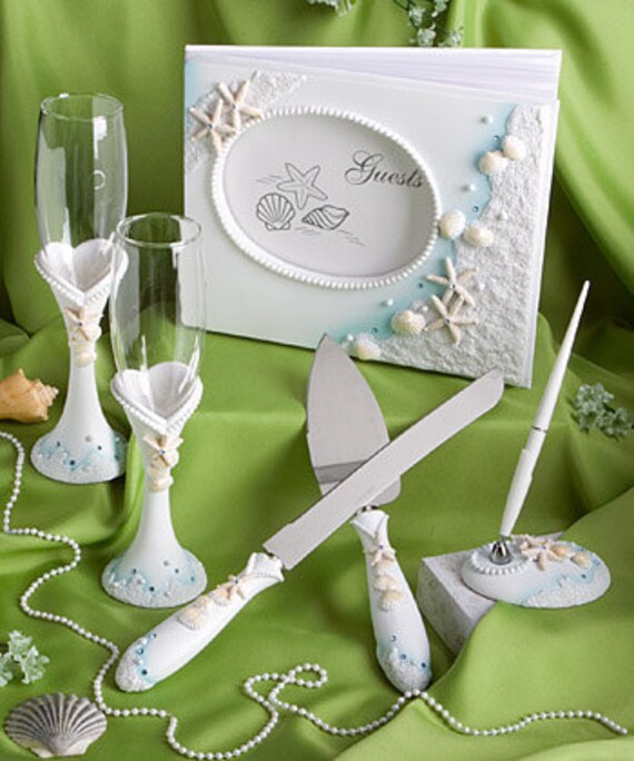 Beach Theme Wedding Set Guest Book Pen Cake Knife Server Champagne Flutes Cake Topper Bridal Shower Gift