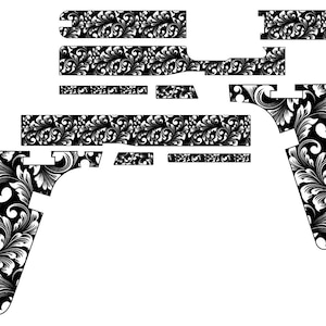 Puede incluir: Piel de pistola con estampado floral en blanco y negro. El diseño presenta un patrón floral detallado y ornamentado que cubre las diversas partes de la pistola, creando un contraste llamativo sobre un fondo blanco.