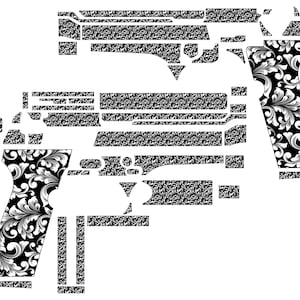 May include: Black and white floral patterned gun skins. The skins are designed to fit a handgun, with various pieces to cover different parts of the firearm. The floral pattern is a detailed, ornate design.