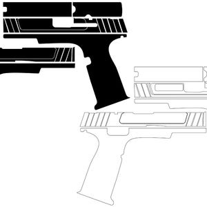 May include: A black and white illustration of a handgun disassembled into its component parts. The image shows the frame, slide, and barrel of the gun.