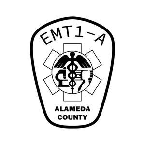 May include: Black and white graphic of a medical symbol with a caduceus and the text "EMT 1-A Alameda County".