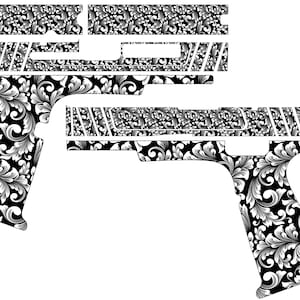 Puede incluir: Juego de piel de pistola con estampado floral en blanco y negro. El diseño presenta un intrincado patrón floral en blanco y negro, que cubre los diversos componentes de la pistola. El juego incluye piezas para la corredera, el armazón y la empuñadura.