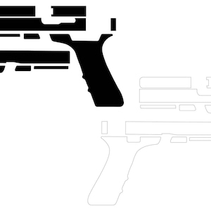 Puede incluir: Gráfico en blanco y negro de una pistola. La imagen muestra una silueta negra sólida del arma de fuego y una versión de contorno más clara. El diseño resalta el armazón, la corredera y la empuñadura del arma.