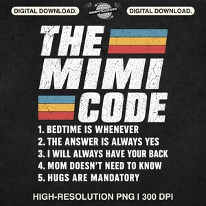 Peut inclure: Un graphique numérique téléchargeable avec le texte "THE MIMI CODE" en police blanche vieillie, avec un design de blocs de couleurs rétro. Le code comprend des règles telles que "L'heure du coucher est quand vous voulez" et "Les câlins sont obligatoires."