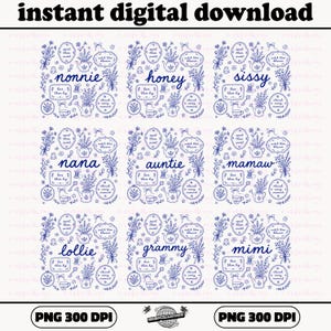 Può includere: Download digitale con nove disegni floreali blu, ognuno con un nome diverso come "nonnie" e "honey". I disegni includono elementi floreali, testo e bordi decorativi. Il testo "instant digital download" è in alto.