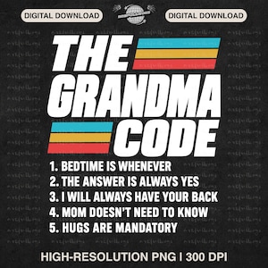 Puede incluir: Un diseño gráfico digital con el texto blanco THE GRANDMA CODE y franjas horizontales en turquesa, amarillo y rojo. Debajo hay cinco reglas numeradas: 1. BEDTIME IS WHENEVER, 2. THE ANSWER IS ALWAYS YES, 3. I WILL ALWAYS HAVE YOUR BACK, 4. MOM DOESN'T NEED TO KNOW, 5. HUGS ARE MANDATORY.