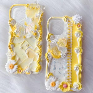 Butterfly Yellow Kawaii Phone Case Decoden Style with Pearls Flowers Whipped Cream Handmade Cover for iPhone Samsung Cute Gift Idea