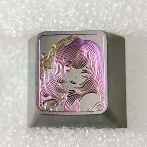 Pink Purple Hair Girl Titanium Keycap – Hand Engraved 1u Artisan – Anime Aesthetic Custom Cap for Mechanical Keyboard