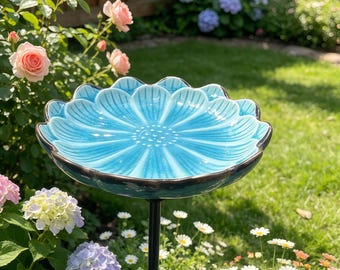 Keramisch vogelbad voor in de tuin, vogelbad in lotusbladstijl met metalen grondpen, voederbak voor buiten, tuindecoratie, cadeau voor vogelliefhebbers in de tuin