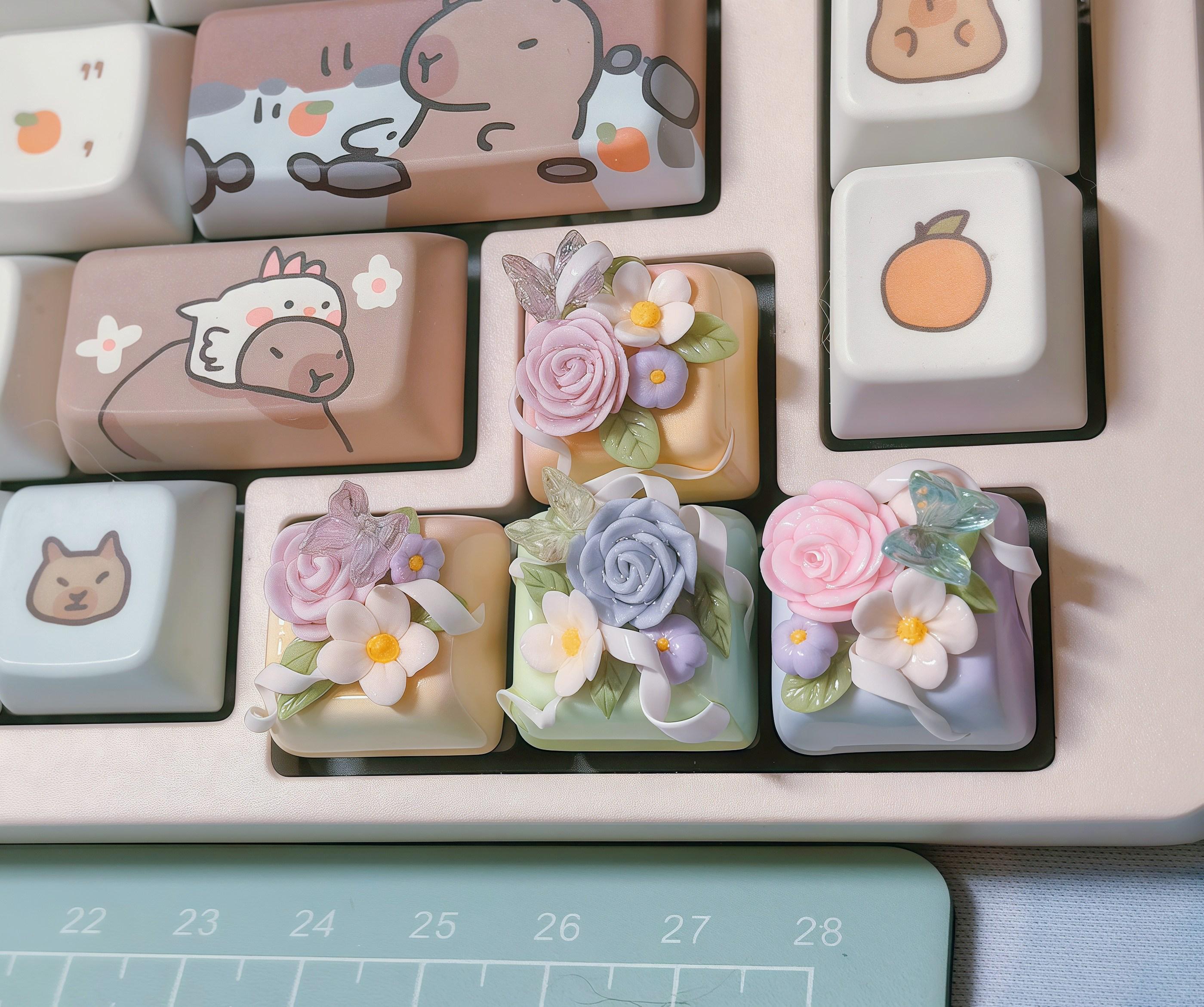 Handmade Flower Butterfly Keycap, Artisan Resin Keycap, Pastel Mechanical Keycap, Glitter Base, Random Color, PBT Compatible