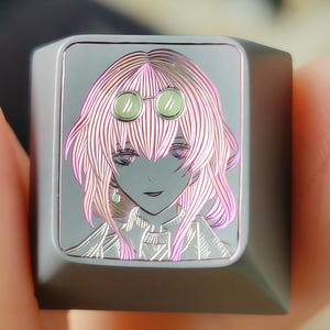 Pink Hair Girl Titanium Keycap – Steampunk Goggles Engraved Artisan Cap – 1u Custom Mechanical Keyboard Keycap