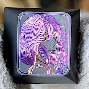 Hand Engraved Titanium Keycap – Purple Hair Girl – 1u Artisan Keycap for Mechanical Keyboard – Anime Inspired Custom Key Cap