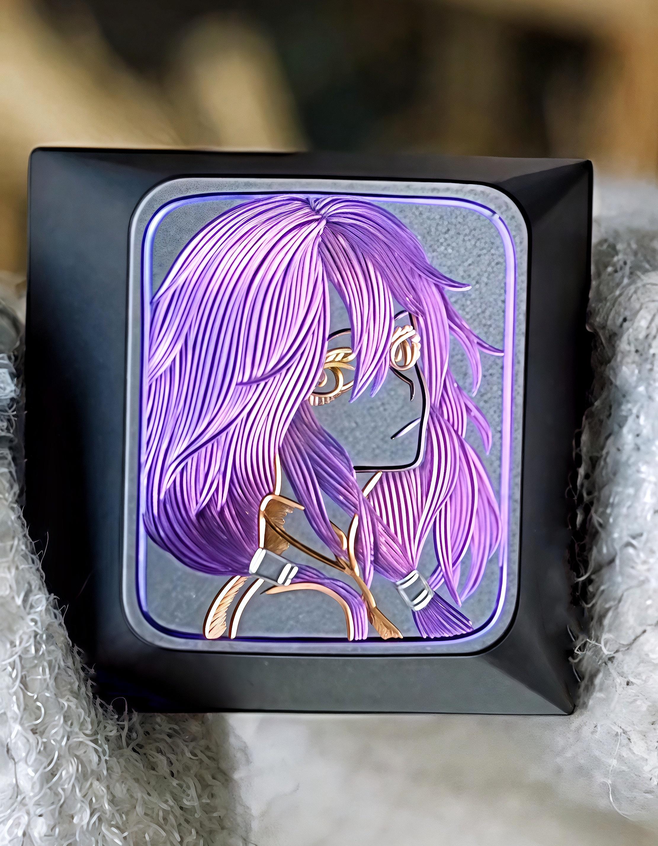 Hand Engraved Titanium Keycap – Purple Hair Girl – 1u Artisan Keycap for Mechanical Keyboard – Anime Inspired Custom Key Cap