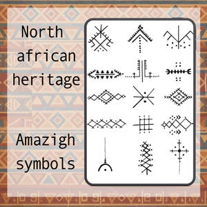 Peut inclure: Un écran numérique affichant des symboles Amazigh noirs et blancs. Le texte "North African heritage" et "Amazigh symbols" est affiché à gauche. Le fond présente un motif dans les tons de marron, orange et beige.