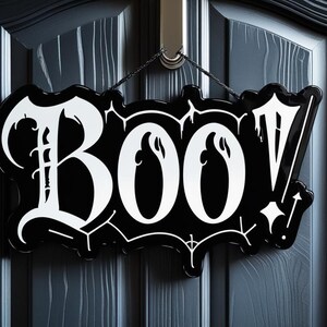 Plaque d'Halloween en acrylique Boo - Décoration de porte noire avec découpes de fantômes - Panneau de bienvenue extérieur/intérieur - Décoration de porche effrayante - 3 tailles