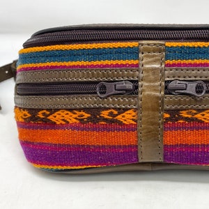 May include: A brown leather fanny pack with a colourful woven pattern. The bag has two zipped compartments and a strap.