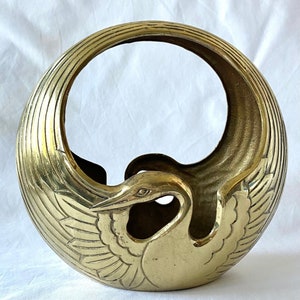 Big Brass 80s Egret Heron Circular Wing Centerpiece Vessel Bowl Vase