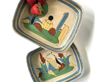 Set of Two Mexican Tlaquepaque Jalisco Primitive Folk Art Hand Painted 1940s Touristware Pottery Terra Cotta Redware Serving Dishes