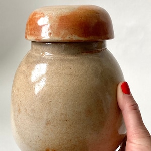 Artist Studio Pottery Handmade Ceramic Lidded Ginger Jar Pot Vessel Glazed Orange Beige Garlic Sugar Stash Pot incense storage & burner