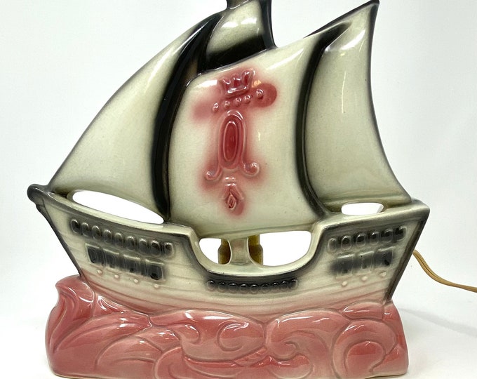 Vintage MCM Midcentury 50s Pink Ceramic White Black Galleon Ship