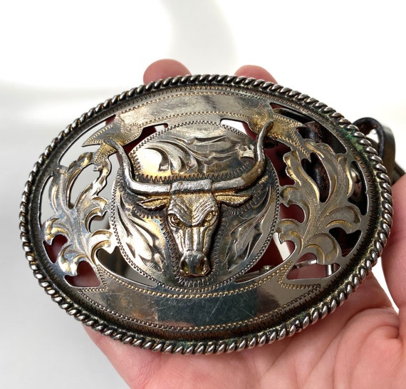 Vintage leather belt Alpaca silver Vintage Tooled Leather Belt: Alpaca Silver Steer Head Buckle  main image 3