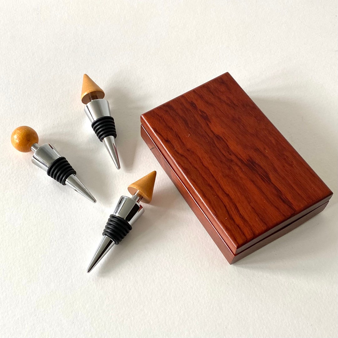 Stoppers Box Geometric Wood Wine Stoppers Set With Cherry Wood Box - Etsy