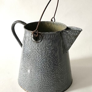 Può includere: Un'annaffiatoio in smalto grigio con un motivo maculato e un manico in filo metallico. L'annaffiatoio ha un beccuccio su un lato e un'ampia apertura nella parte superiore.