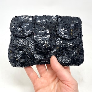 Vintage 1920s Black Beaded Sequin Formal Clutch Coin Purse w/ Snap Closure Satin Lining Prom Wedding Opera