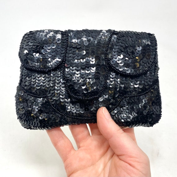 Vintage 1920s Black Beaded Sequin Formal Clutch C… - image 1