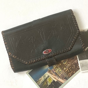 Antique Old West Turn of Century Art Nouveau Tooled Laced/Stitched Wallet w/ Aqua Suede Interior w/ Hand Strap