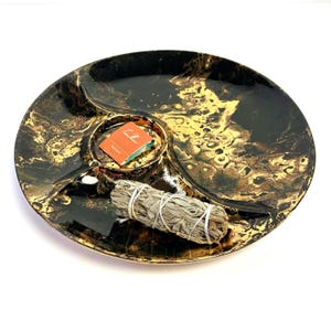 MCM Sascha Brastoff Surf Ballet Black and Gold Marbled Serving Platter Catchall Dish Relish Tray