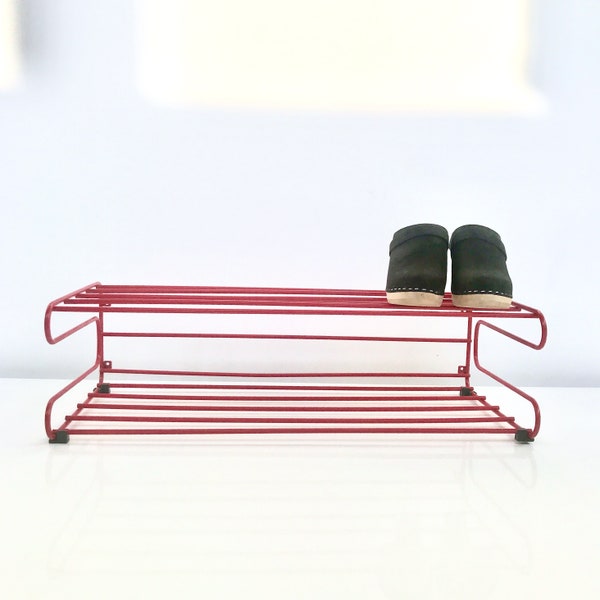 Vintage 90s IKEA Fran Range Red Wire Metal Shoe or Wall Shelf Dutch Tomado style
