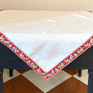 Antique 40s Square Japanese Floral Trim Linen Card/Game Table Tablecloth