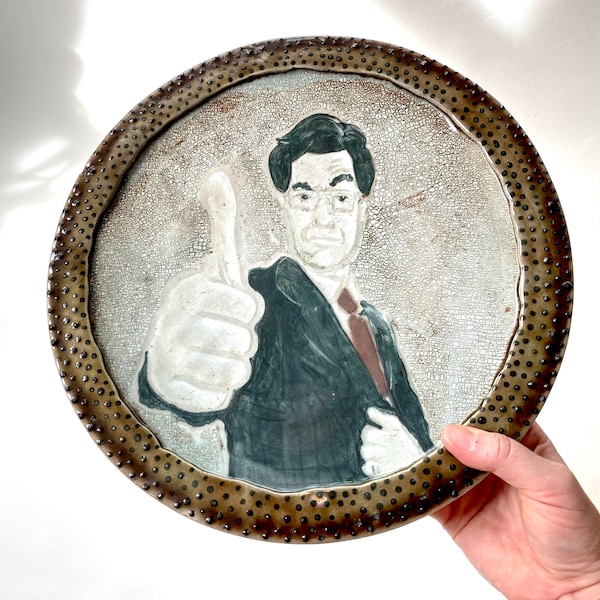 Large Handmade Ceramic Studio Pottery Platter ‘Stephen Colbert’ Thumbs Up Fan Plate