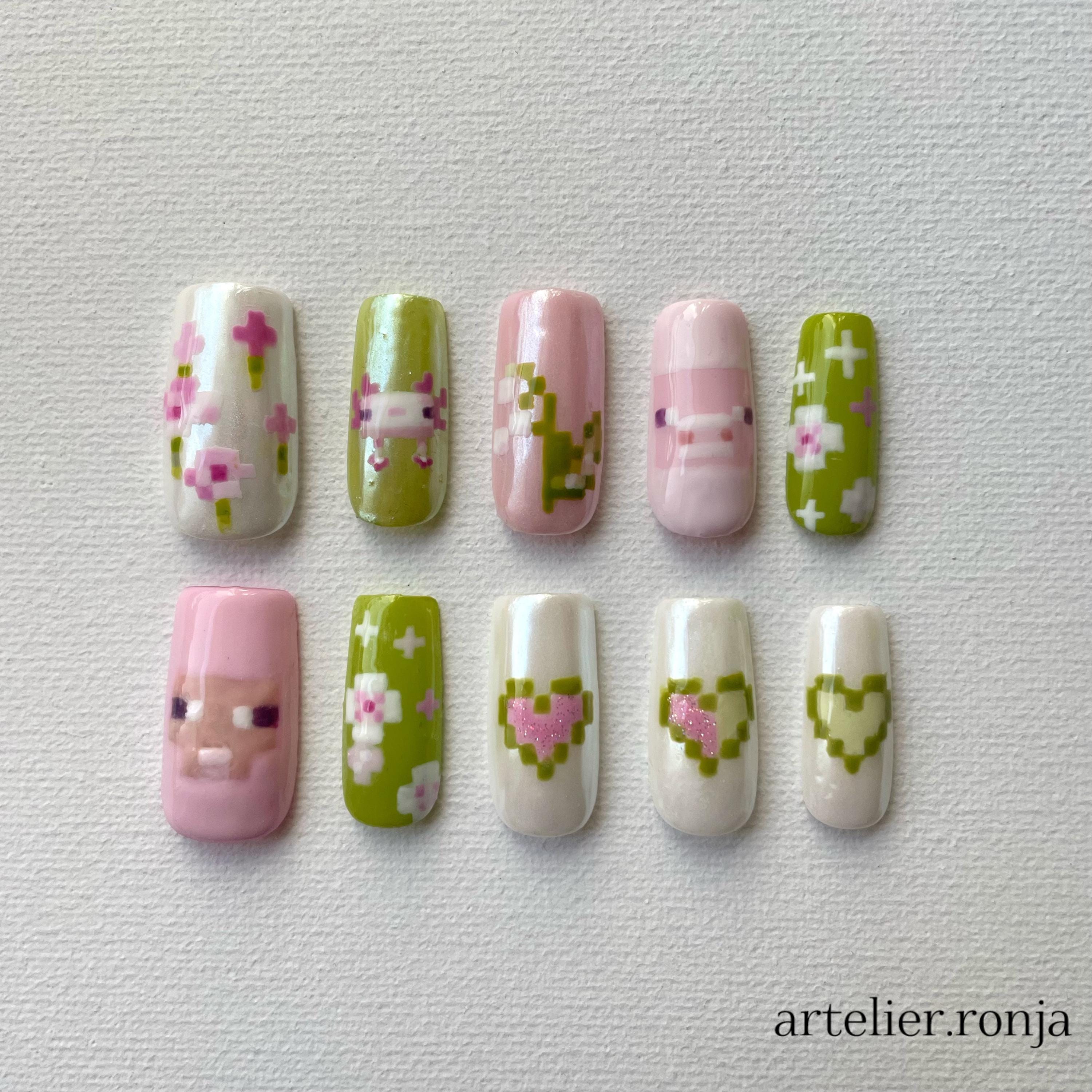 Cute Minecraft Press-on Nails, Pixel Nails, Blossom Nails, Summer